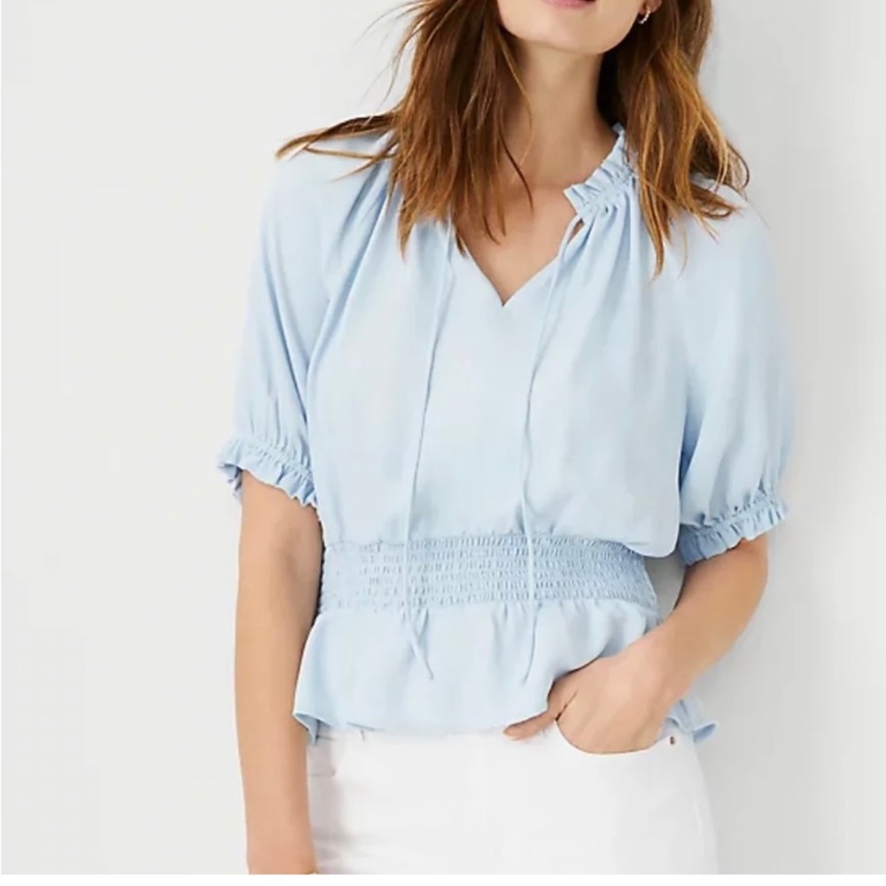 Ann Taylor Blouse Ruffled Light Blue